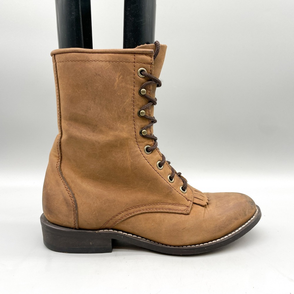 Laredo Womens 8.5M Western Lace Up Kiltie Boots Tan Brown Leather Rustic Cowgirl